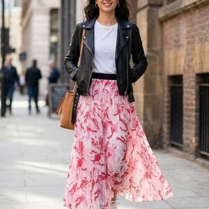 Victoria Women's Pink Floral Pleated Maxi Skirt - Lightweight Flowing A-Line